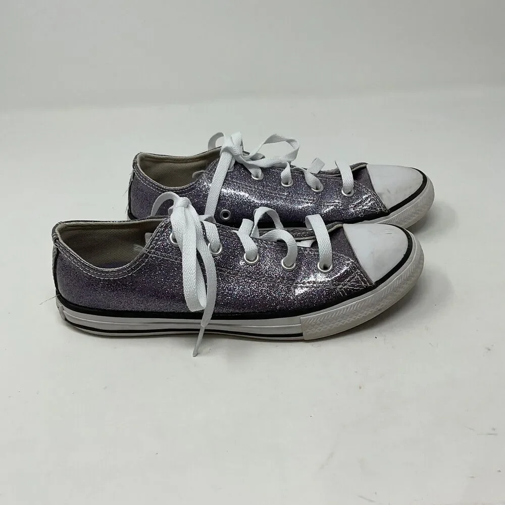Converse All Star Low Top Sneakers Youth Girls Sz 3 Purple Glitter Sparkle Shoes